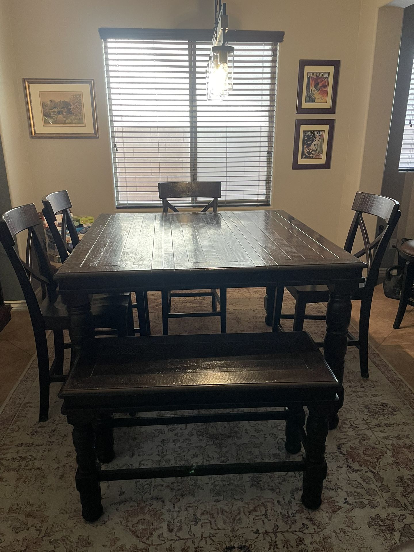 Pub Height Rustic Table- 4 Chairs And Bench