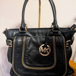 Michael Kors Black Leather Handbag With Gold Accents 