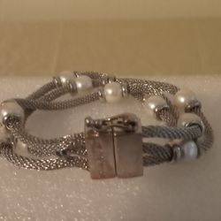 ANNE KLEN Three Row Faux Pearl Silver Plated Chain Bracelet