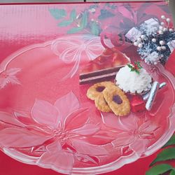 Vintage Frosted  Crystal Glass Poinsettia Christmas Platter 