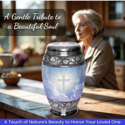 Beautiful memorial urn with a cross design on a blue sky background with clouds. Handmade with high-grade aluminum construction and secure screw-on li
