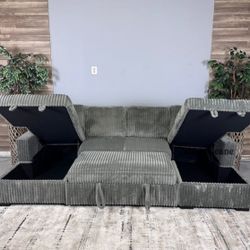 Corduroy double chaise sectional sleeper sofa with pull out bed 