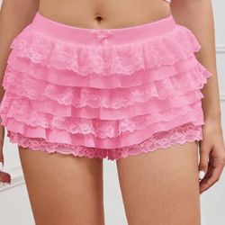 Large Pink Women Y2K Lace Multi-Layered Bloomers, Lolita Ruffle Shorts, Sexy Short Pumpkin Pants, Elastic Waist Sweet Pettipants