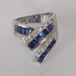 Blue Sapphire & Diamond Ring 925 Sterling Silver Ring