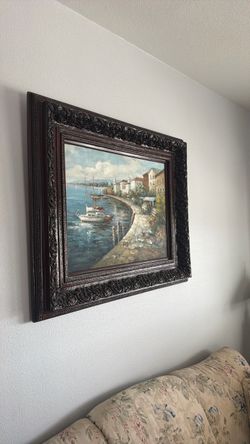 Framed Oil Painting Mediterranean Harbor Scene
