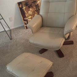 Cream/beige faux leather recliner chair with matching ottoman