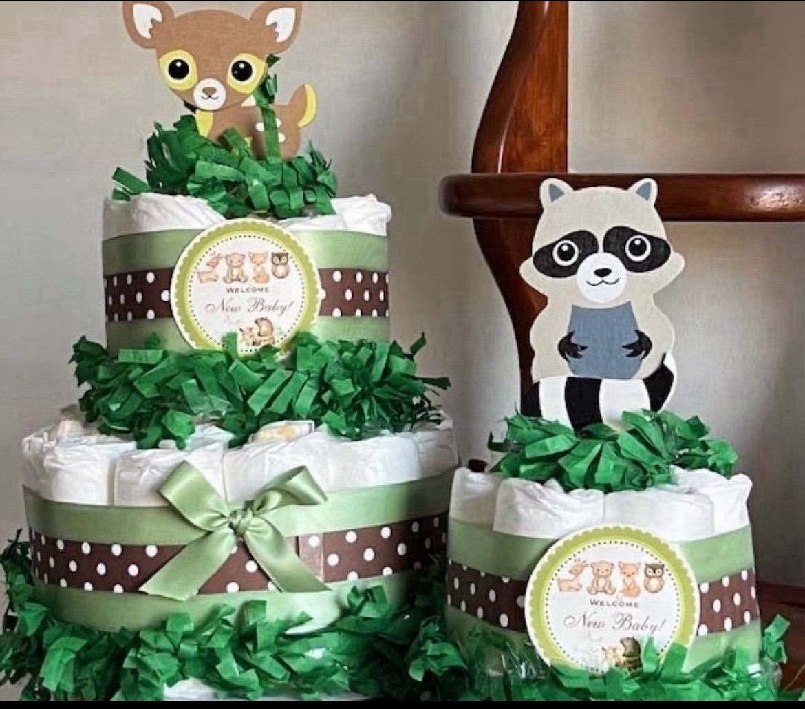2 Tiered Deer and 1 Tiered Raccoon Diaper Cakes