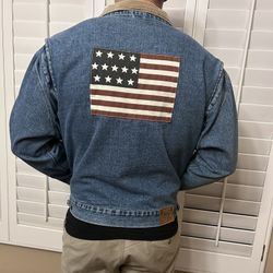 Vintage Polo Ralph Lauren Corduroy Collar American Flag Denim Jacket XXL