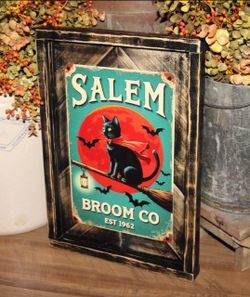 NEW! SALEM BROOM CO Black Cat Farmhouse Halloween Wall Decor Sign