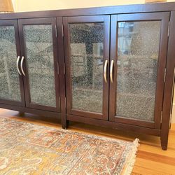 Dark Wood Cabinet with Textured Glass Doors – Excellent Condition