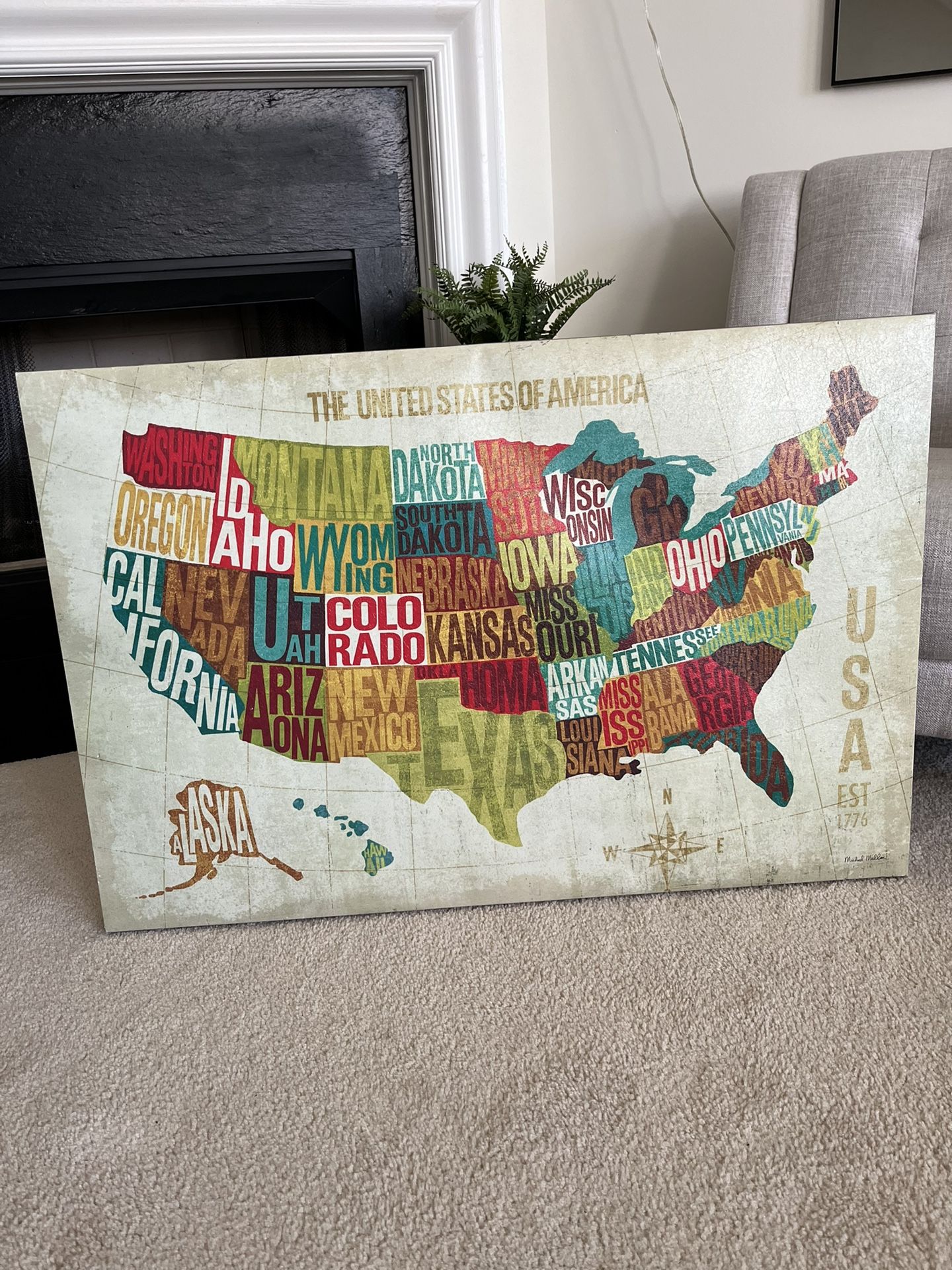USA Map Canvas Wall Art, 24”x36”