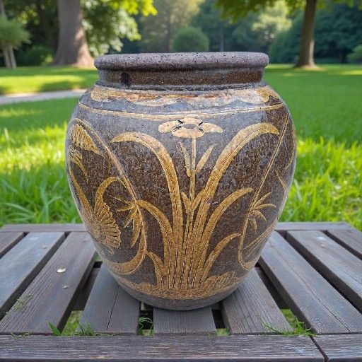Large Antique Planter/Jug Chinese Gold & Mustard Floral And Birds 22"