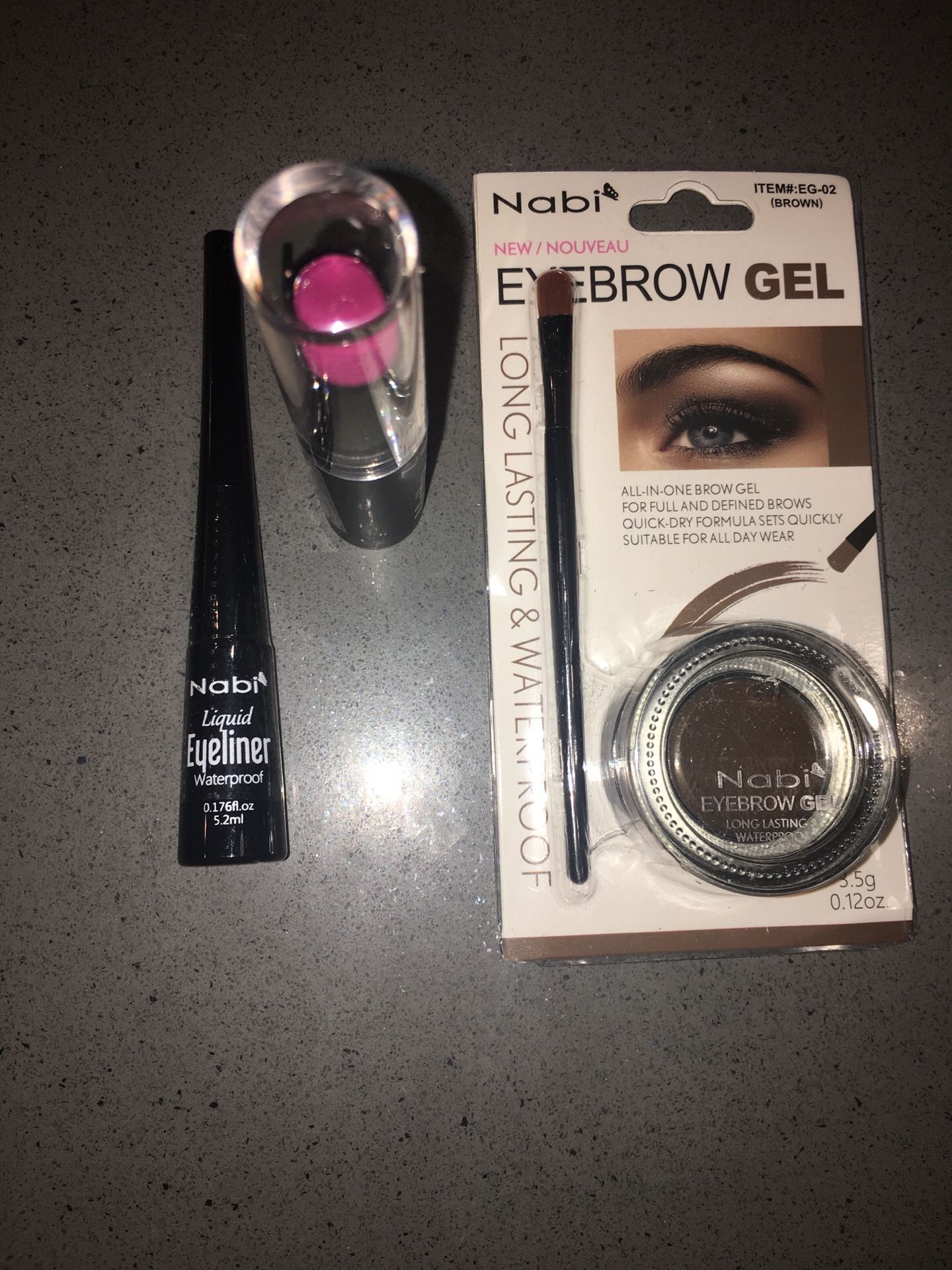 Nabi Matte rose lipstick, eyebrow gel and eyeliner
