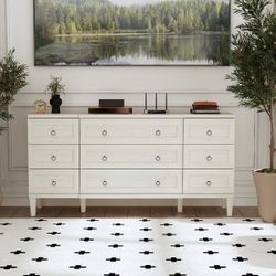 63.4" Wide 9 Drawer Dresser, Modern Light Wood Bedroom Dresser with Solid Legs for Storage