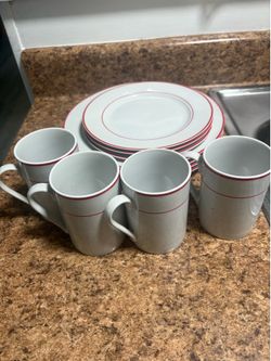 White Ceramic Dinnerware Set with Red Stripe
