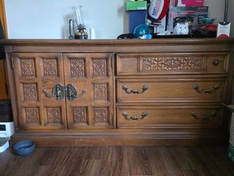 Vintage Wood Dresser with Cabinet and Drawers