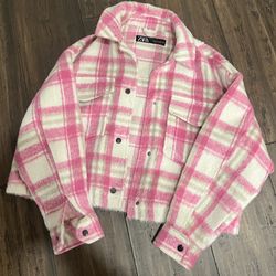 Zara Pink Plaid Cropped Overshirt Jacket Size Small