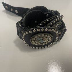 Vintage Boho Western Leather Concho Belt with Abalone & Crystals