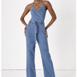 Lulus Stretch Denim Halter Jumpsuit