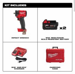 BRAND NEW/SEALED Milwaukee Compact Impact Wrench Full Kit M18 FUEL 18V Brushless Cordless 3/8 in. with Friction Ring Kit, Resistant Batteries
