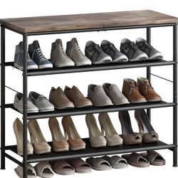 4 Tier Shoe Rack Metal Shelf with Industrial MDF Board and Layer Fabric, Black & Rustic Brown