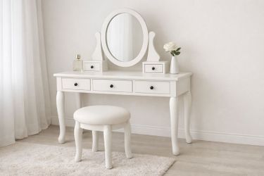 Elegant White Cottage Makeup Vanity Set with Mirror & Stool