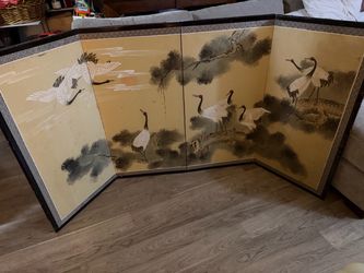 Japanese 4-Panel Folding Screen with Crane Painting