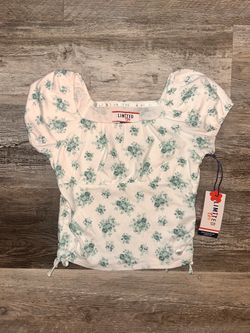Limited Too White Top with Mint / Light Blue Floral Print and Puff Sleeves