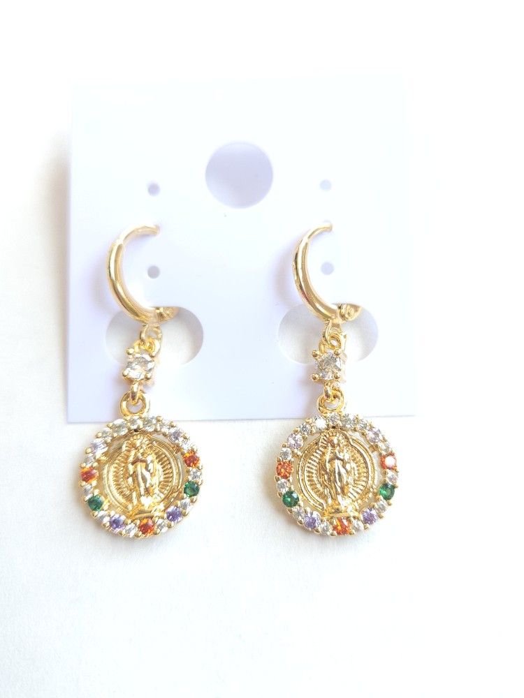 Multi-color Gold Plated Oro Laminado Virgen De Guadalupe Earring