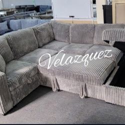 ✅️✅️4 pc Grey  corduroy fabric sectional sofa with storage chaise and love seat and pop up sleep area in center USB charging✅️✅️