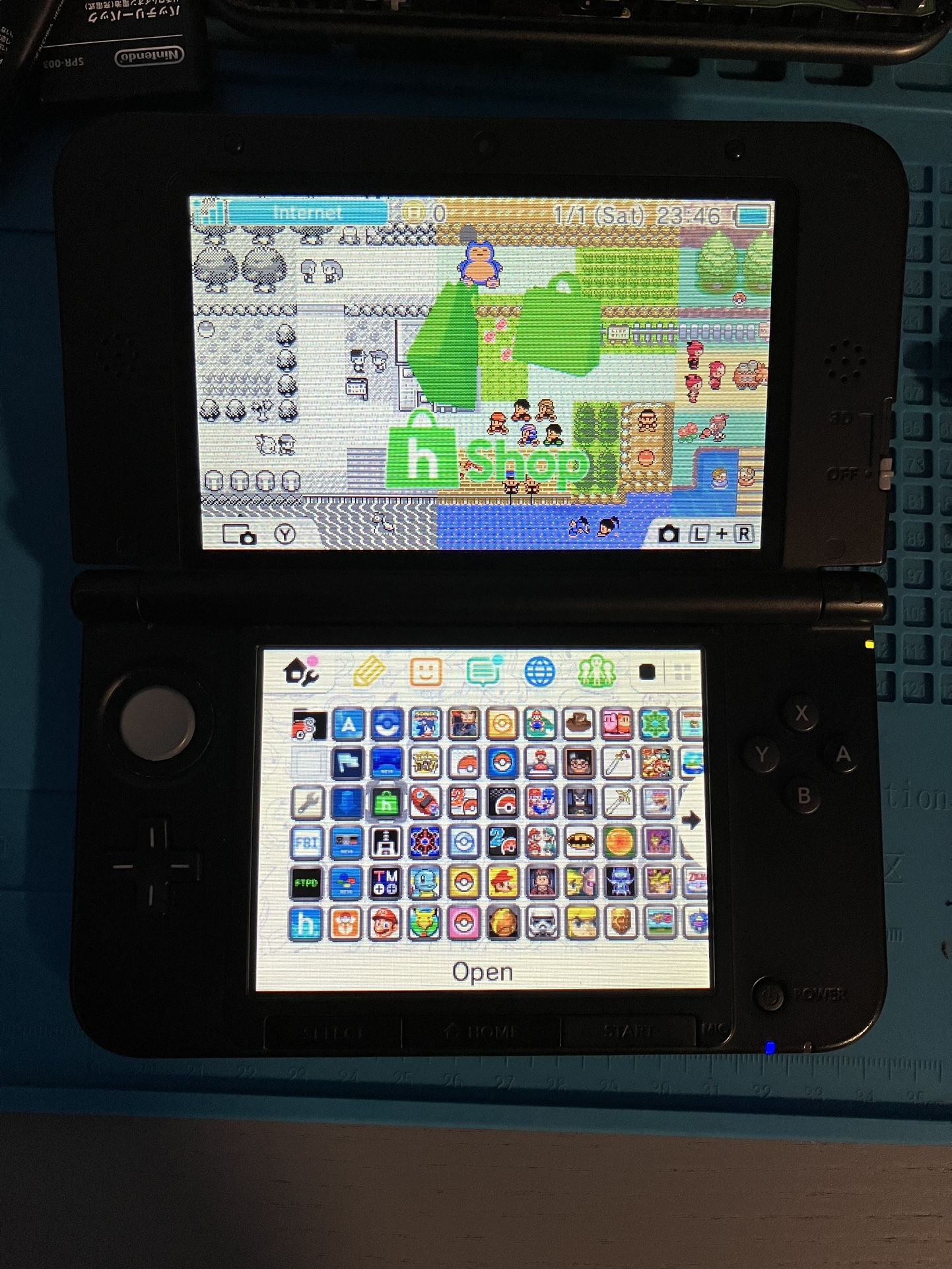 Nintendo Blue 3DS XL With Pokemon Bank, Pokemon DS, Stylus, 64 GB SD Card