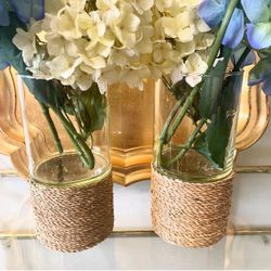 8 1/4” H Woven Seagrass-Wrapped Glass Vases/Candle Holders - Pair