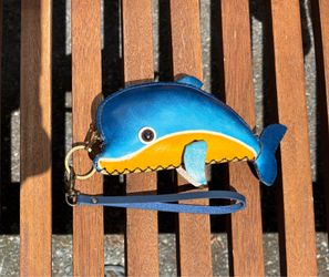 Handmade Leather Dolphin Coin Purse - Blue & Yellow Wristlet