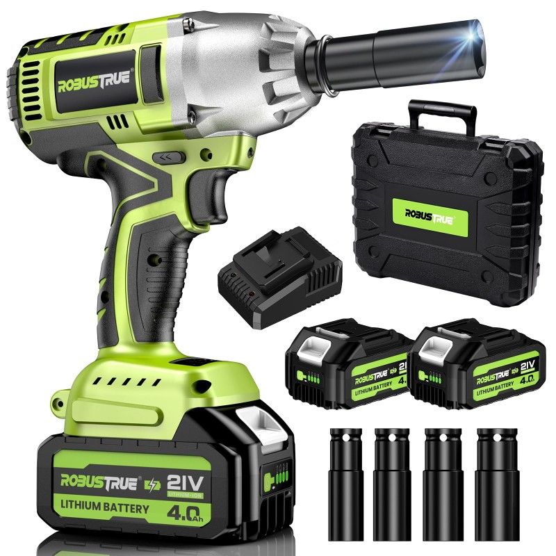 New 590 Ft Lbs IMPACT WRENCH KIT WITH TWO 4AH BATTERIES AND FAST CHARGER WITH Case AND ACCESSORIES