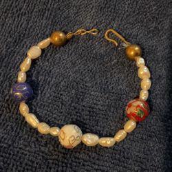 6.5” Floral Glass Bead,fresh Water Pearls,and Brass Bracelet 