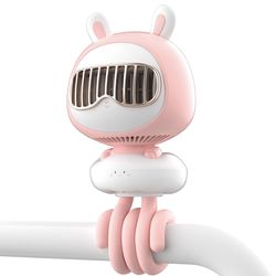 Cute Bunny Stroller Fan for Baby Portable, 4000mAh Detachable 4 Speeds Rechargeable Cooling Fan, Mini Clip On Safe Fans Battery Operated for Car Seat 