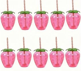 Strawberry Plastic Cups with Reusable Straws
