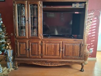 Oak Wood Entertainment Center with Display Cabinet