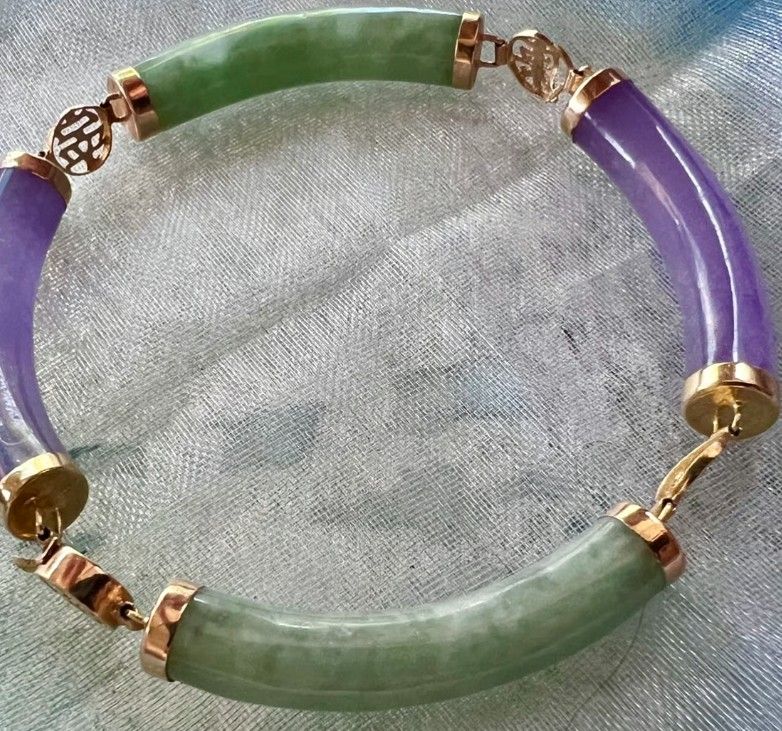 14K Gold Green/Lavender Jade Link Bracelet