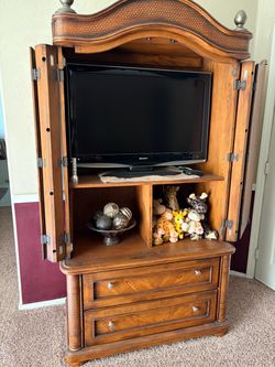 Wood TV Armoire and 2 Nightstands