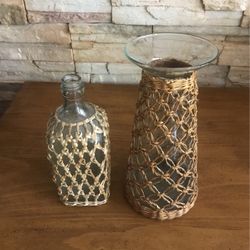 Wicker And Glass 10” H Vase And 9” H Bottle