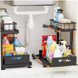 Under Sink Organizer, Heavy Duty Metal Pull Out Cabinet Organizer Slide Out Sink Shelf Organizer Height Adjustable, Multi-Purpose Storage Shelf for Ki