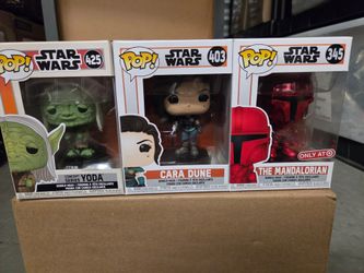 Set of 3 star wars funkos red mandalorian concept yoda and hard to find cara dune Gina Carano action

Great set of 3 funkos new
Great price 
Boom