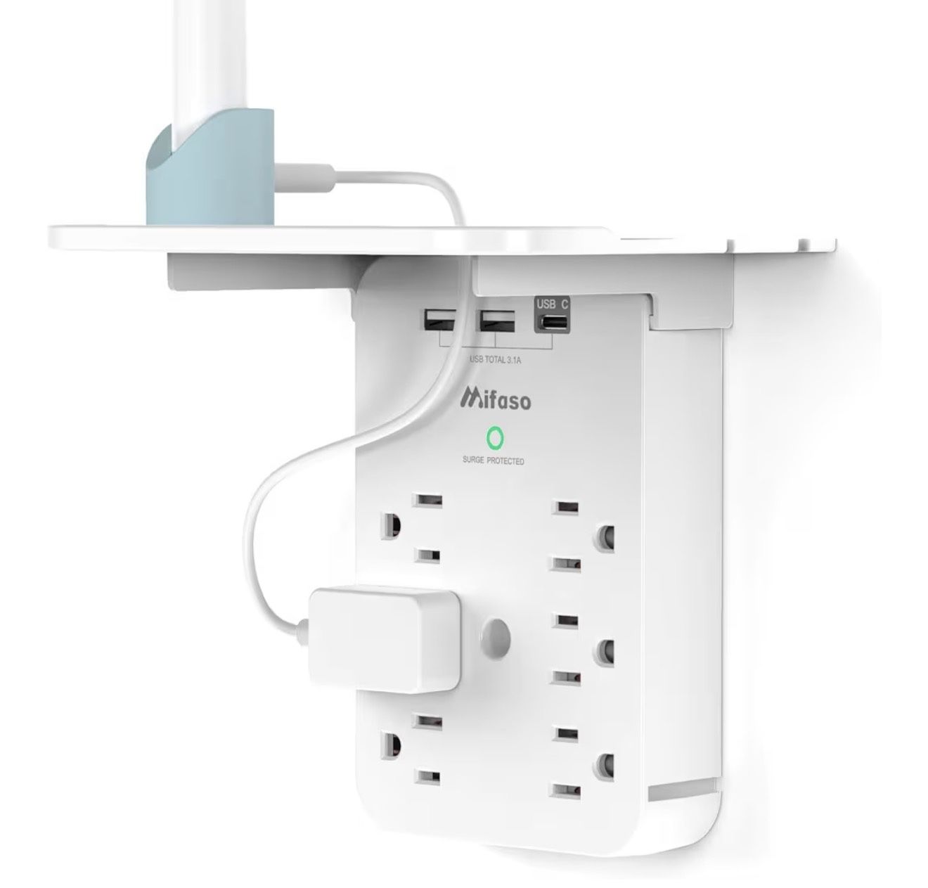 Wall Outlet Extender with Surge Protector, 6 AC Outlets, Shelf, 2 USB & USB C Charging Ports - Home & Dorm Plug Expander