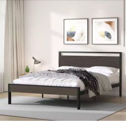 Queen Metal Platform Bed Frame with Wooden Headboard & Footboard
