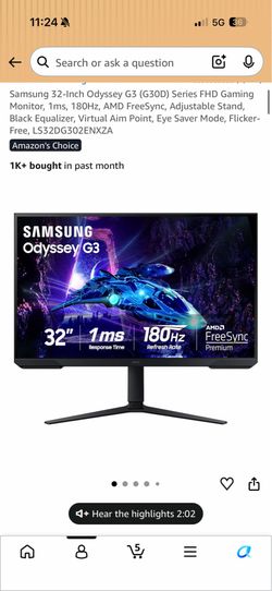 Samsung 32-Inch Odyssey G3 (G30D) Series FHD Gaming Monitor, 1ms, 180Hz, AMD FreeSync