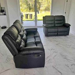 Living Room Set Black Leatherette LED 