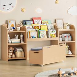 Kids Bookshelf with Reading Nook, 64.5" Toy Storage Organizer with Movable Bench with 3 Storage, Kids Bookcase with 3-Tier Bookshelf, 6 Stor