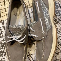 Sperry Top Sider Women's Leather & Sequin Slip On Boats Shoes/ Loafer 9775867 (grey) Size 10 