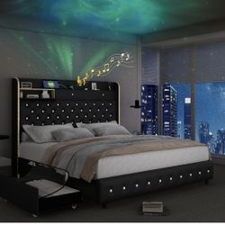 NEW IN BOX -Queen Led Bed Frame with Galaxy Aurora Star Projector, Platform Beds with Charging Station, 52" Diamond Upholstered Wingback Bedframe with